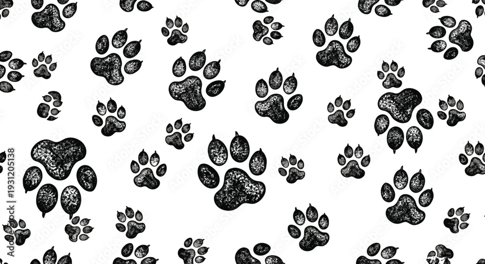 Fototapeta premium Seamless Paw Print Pattern Grunge Animal Footprints Background Black Pet Track Vector Texture
