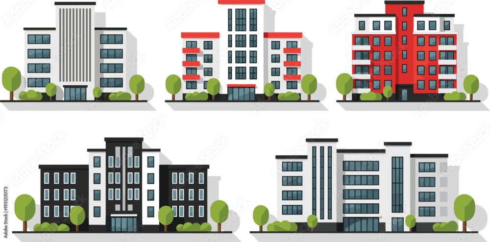 Fototapeta premium Stylish modern building facades with various colors and designs vector illustration