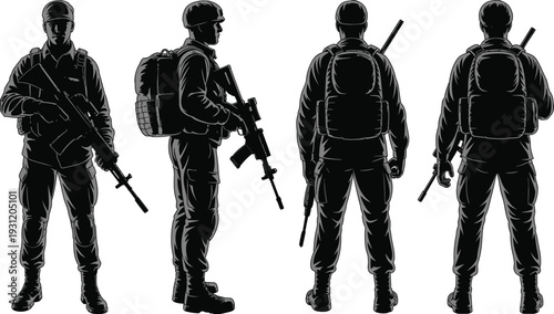 Black and white vector illustration of a modern soldier silhouette in front side and back views with military gear backpack and assault rifle