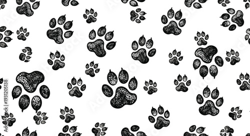 Seamless Paw Print Pattern Grunge Animal Footprints Background Black Pet Track Vector Texture