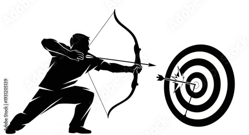 Silhouette of a man aiming a bow and arrow at a target.