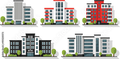 Stylish modern building facades with various colors and designs vector illustration