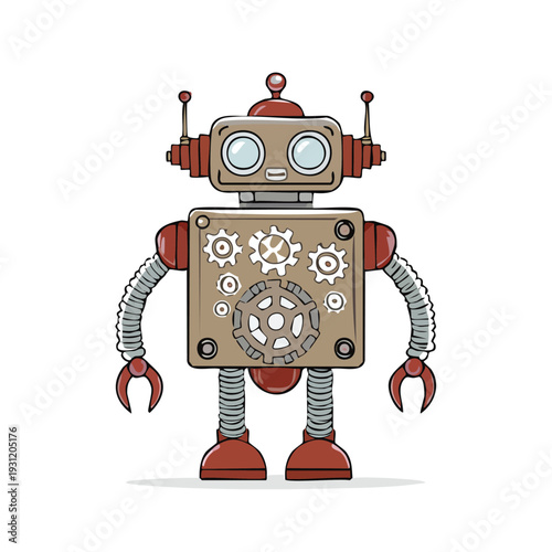 Stylized retro robot illustration with a charming vintage design, featuring intricate exposed gears and antenna, embodying the concept of playful technology and friendly artificial intelligence