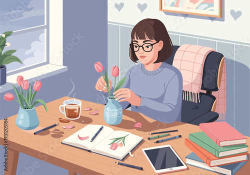 Woman artist working at desk with flowers vector