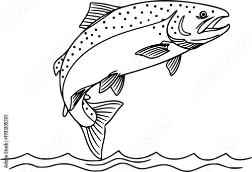 Continuous line drawing of a jumping salmon or trout above a wavy water line