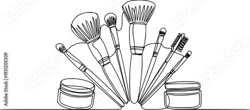Continuous line drawing of various makeup brushes creating a minimalist beauty statement