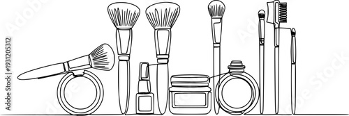 Continuous line drawing of various makeup brushes creating a minimalist beauty statement