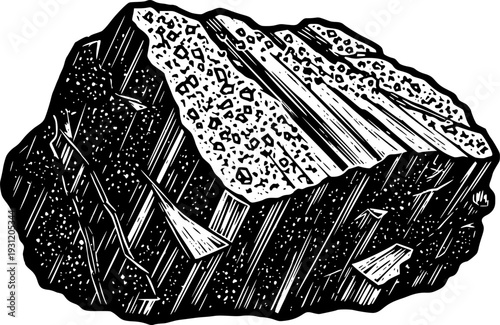 Black and white woodcut style depiction of a coarse mineral specimen suitable for mining industry reports and environmental awareness projects