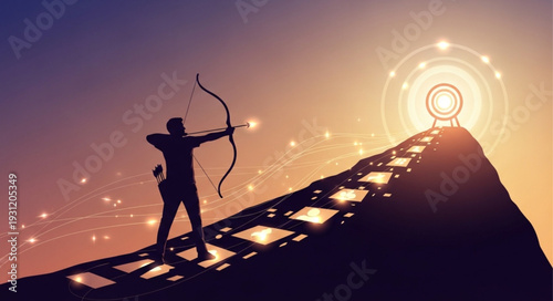 Silhouette of archer aiming at glowing target on mountain top.