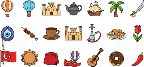 Turkey Culture and Traditional Symbols Illustration Set with Turkish Flag, Food, Landmarks, Coffee, and Travel Icons for Vector Design