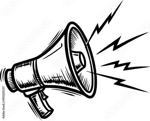 Dynamic hand sketched megaphone depicting clear vocal communication news alerts or urgent public announcements ideal for social media marketing and event promotion