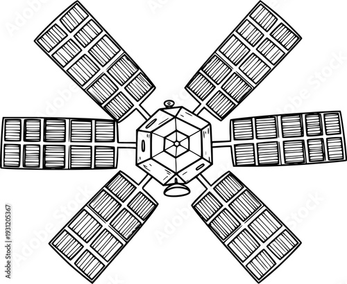 Hand drawn sketch of a satellite with multiple arrays of solar panels extending from a central hub