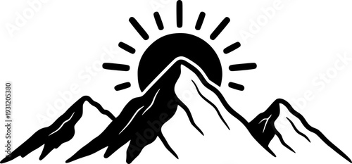 Minimalist hand drawn mountain range with a shining sun peeking over the peaks