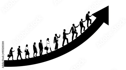 Silhouettes of business people climbing up an upward trending arrow graph.