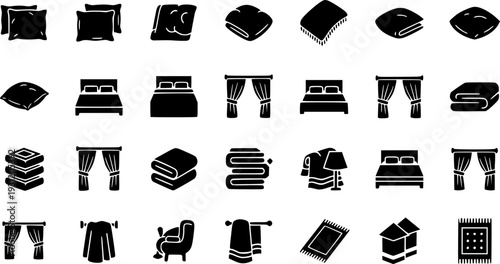 A versatile collection of home textile icons featuring pillows, blankets, beds, towels, curtains, and rugs