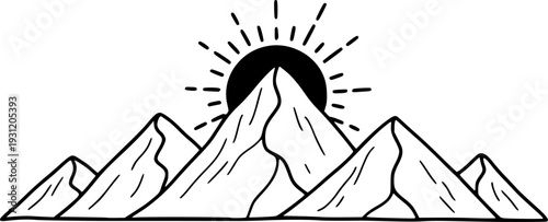 Minimalist hand drawn mountain range with a shining sun peeking over the peaks