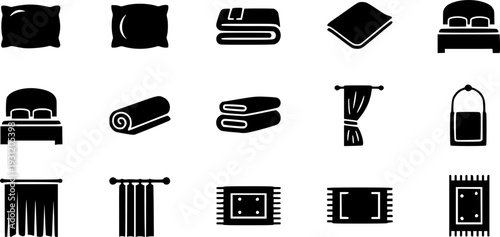 A versatile collection of home textile icons featuring pillows, blankets, beds, towels, curtains, and rugs