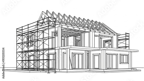 Sketch of a house under construction with scaffolding.