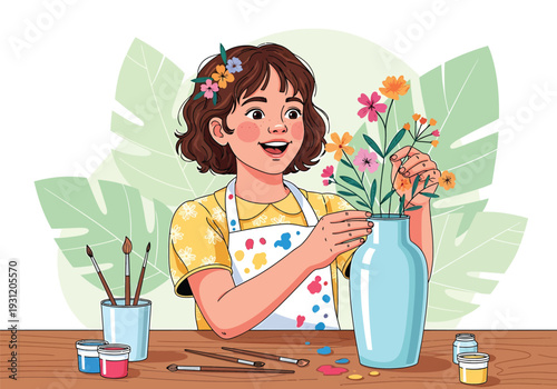Cartoon girl arranging flowers in vase vector