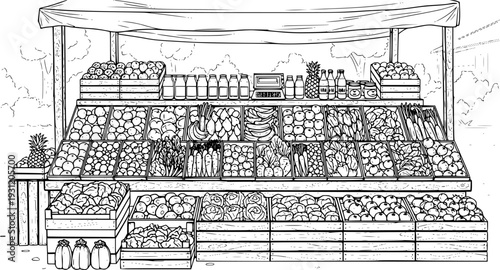 Detailed line drawing of an outdoor market stall showcasing fresh produce like fruits, vegetables, and bottled goods in crates