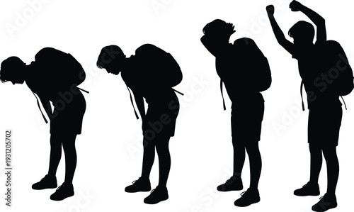 Black silhouette of a young male hiker with backpack transitioning from feeling exhausted and tired to celebrating success and reaching the mountain summit achievement