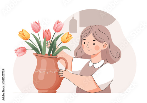 Woman arranging tulips in vase vector illustration