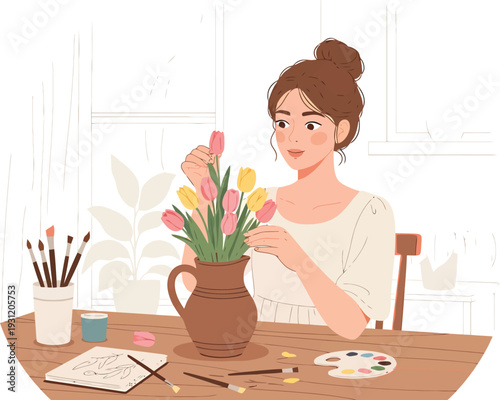 Woman arranging flowers vector illustration