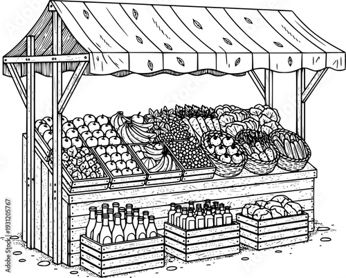 Detailed line drawing of an outdoor market stall showcasing fresh produce like fruits, vegetables, and bottled goods in crates