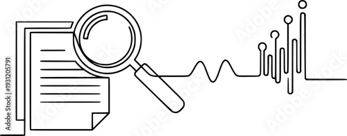 Minimalist single line drawing depicting a document under examination with a magnifying glass, connected by a wavy line