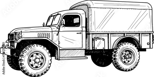 Detailed ink sketch of a classic army transport vehicle with heavy duty tires and enclosed bed