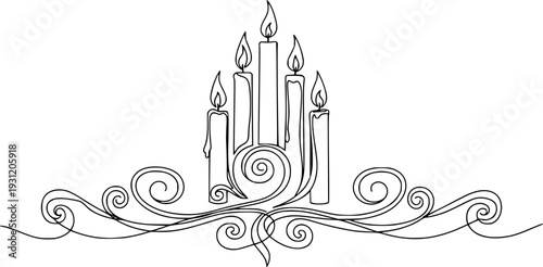 Elegant continuous line drawing depicting four lit candles with graceful winding swirls forming a serene border graphic