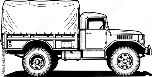 Detailed ink sketch of a classic army transport vehicle with heavy duty tires and enclosed bed