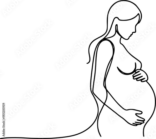 Single continuous line drawing of a pregnant woman holding her belly symbolizing maternal love and anticipation