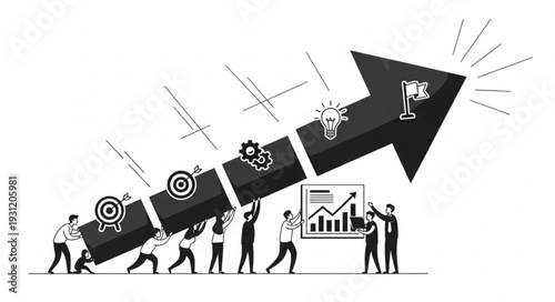 Teamwork drives business growth and success with upward arrow.