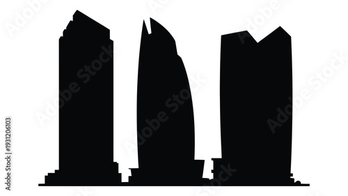 A black silhouette of three skyscrapers on a white background isolated on white background, Vector