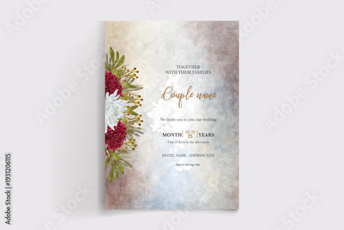 WEDDING INVITATION FRAME WITH FLOWER DECORATIONS AND FRESH LEAVES