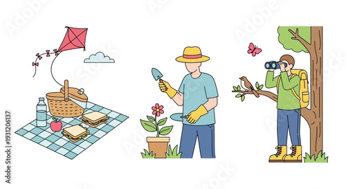 People enjoying outdoor activities in nature with picnic and exploration