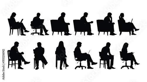 A group of people sitting in different chairs isolated on white background, Vector