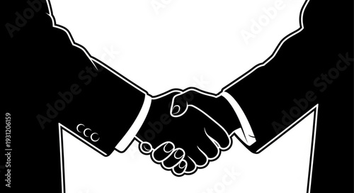 Two business people shaking hands in a silhouette style.