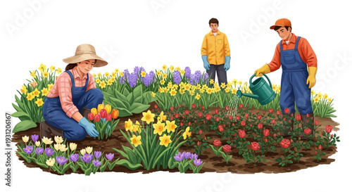 Gardeners tending to vibrant flowers in a beautiful garden