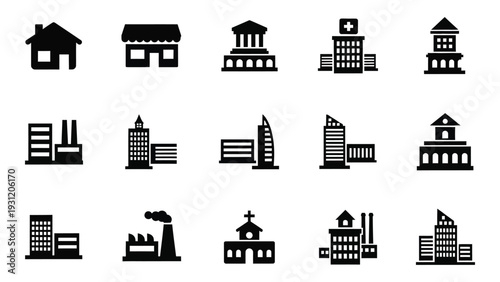 Collection of various building and structure icons isolated on white background, Vector