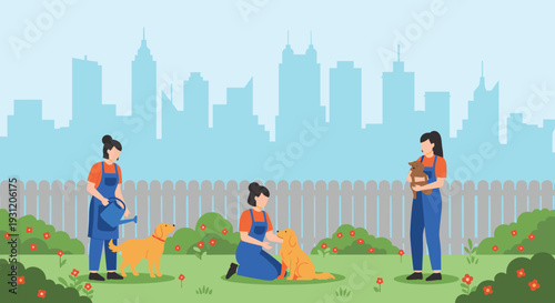 Women Volunteers Caring for Dogs in City Park Animal Shelter Adoption Concept Flat Vector Illustration