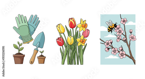 Vibrant spring flowers and gardening elements with bee illustration