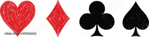 Playing Card Suits Hand Drawn Set Heart Diamond Club Spade Vintage Sketch Style Vector Illustration