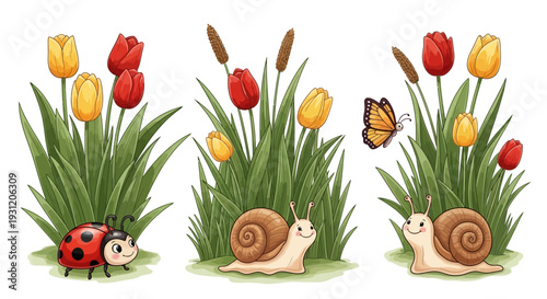 Whimsical garden scene with snails, ladybug, and butterfly among vibrant tulips