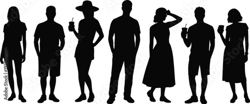 Diverse group of young people silhouettes standing together in casual summer outfits with drinks and hats isolated on white background for lifestyle design