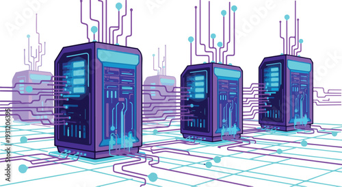 Futuristic servers connected via neon blue circuits in a high-tech environment viewed from the front