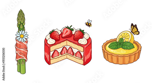 Delicious food illustrations of asparagus with prosciutto, strawberry cake, and lemon tart