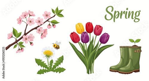 Vibrant spring elements collection with flowers and gardening boot