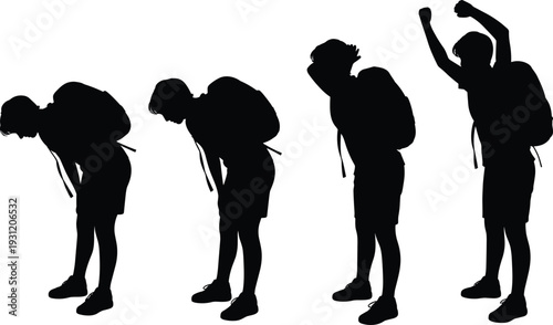 Silhouette of a young male traveler with a backpack progressing from being tired and exhausted to feeling energetic, triumphant, and celebrating his successful journey.